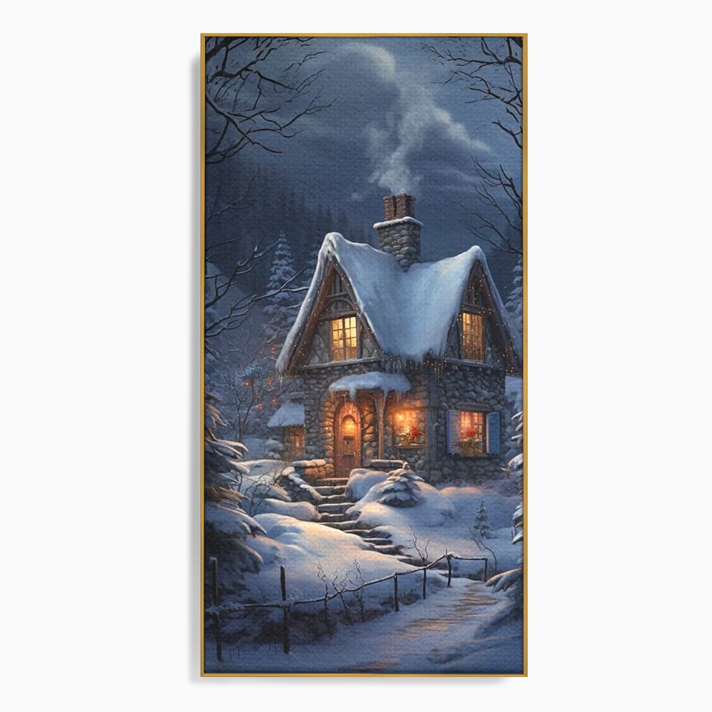 Tablou Canvas Premium, LuxCanva® D1117, Casa de Sub Zapada, Lumina, Noapte, Iarna, Cabana, Munte, Zapada, Horn, Fum, Ger, Brazi, Atmosfera, Basm, Caldura, Living, Dormitor