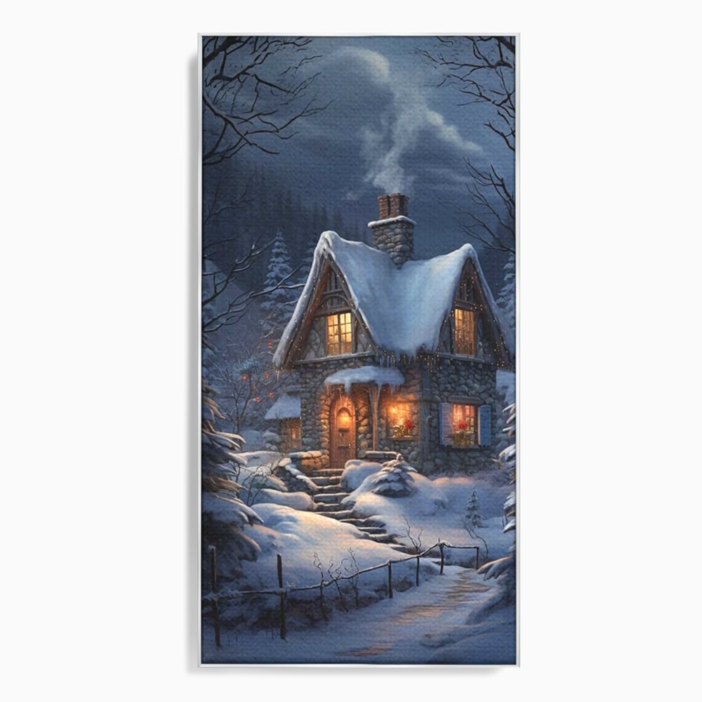 Tablou Canvas Premium, LuxCanva® D1117, Casa de Sub Zapada, Lumina, Noapte, Iarna, Cabana, Munte, Zapada, Horn, Fum, Ger, Brazi, Atmosfera, Basm, Caldura, Living, Dormitor