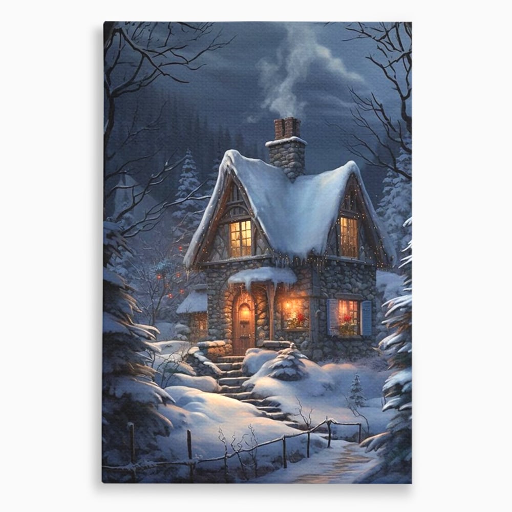 Tablou Canvas Premium, LuxCanva® D1117, Casa de Sub Zapada, Lumina, Noapte, Iarna, Cabana, Munte, Zapada, Horn, Fum, Ger, Brazi, Atmosfera, Basm, Caldura, Living, Dormitor