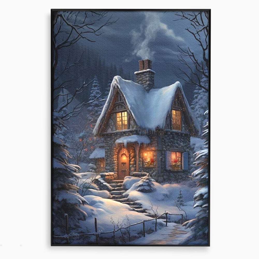Tablou Canvas Premium, LuxCanva® D1117, Casa de Sub Zapada, Lumina, Noapte, Iarna, Cabana, Munte, Zapada, Horn, Fum, Ger, Brazi, Atmosfera, Basm, Caldura, Living, Dormitor