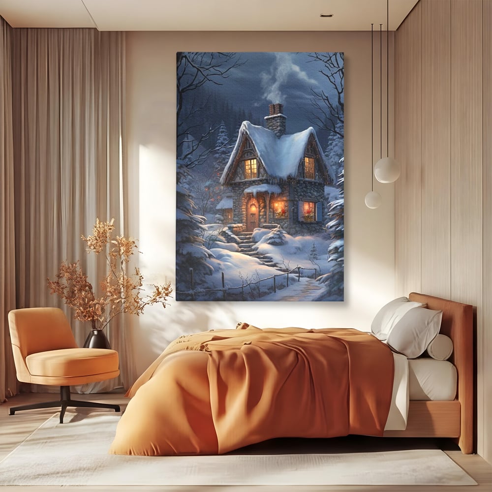 Tablou Canvas Premium, LuxCanva® D1117, Casa de Sub Zapada, Lumina, Noapte, Iarna, Cabana, Munte, Zapada, Horn, Fum, Ger, Brazi, Atmosfera, Basm, Caldura, Living, Dormitor