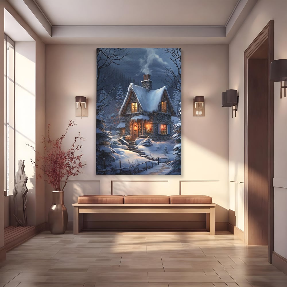 Tablou Canvas Premium, LuxCanva® D1117, Casa de Sub Zapada, Lumina, Noapte, Iarna, Cabana, Munte, Zapada, Horn, Fum, Ger, Brazi, Atmosfera, Basm, Caldura, Living, Dormitor