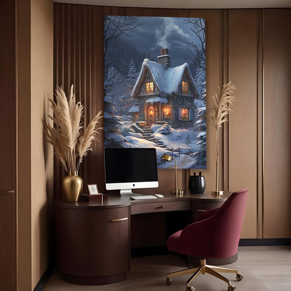 Tablou Canvas Premium, LuxCanva® D1117, Casa de Sub Zapada, Lumina, Noapte, Iarna, Cabana, Munte, Zapada, Horn, Fum, Ger, Brazi, Atmosfera, Basm, Caldura, Living, Dormitor