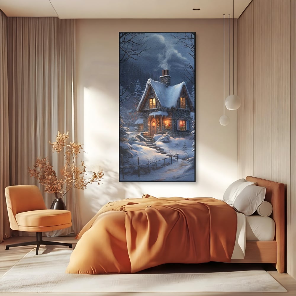 Tablou Canvas Premium, LuxCanva® D1117, Casa de Sub Zapada, Lumina, Noapte, Iarna, Cabana, Munte, Zapada, Horn, Fum, Ger, Brazi, Atmosfera, Basm, Caldura, Living, Dormitor