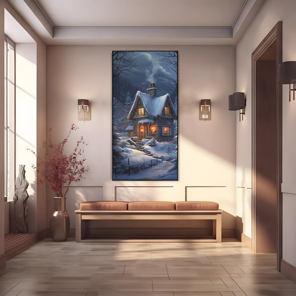 Tablou Canvas Premium, LuxCanva® D1117, Casa de Sub Zapada, Lumina, Noapte, Iarna, Cabana, Munte, Zapada, Horn, Fum, Ger, Brazi, Atmosfera, Basm, Caldura, Living, Dormitor