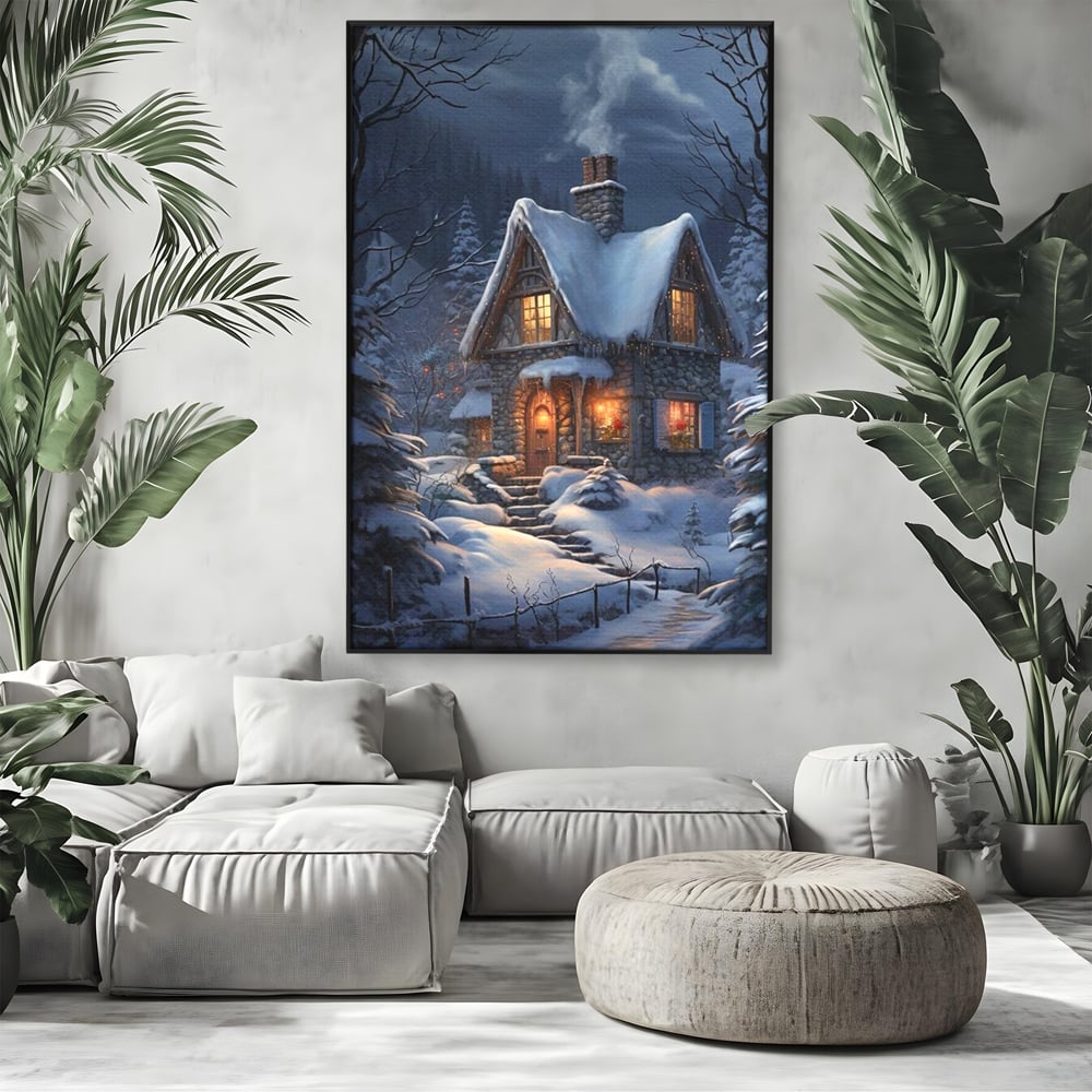 Tablou Canvas Premium, LuxCanva® D1117, Casa de Sub Zapada, Lumina, Noapte, Iarna, Cabana, Munte, Zapada, Horn, Fum, Ger, Brazi, Atmosfera, Basm, Caldura, Living, Dormitor