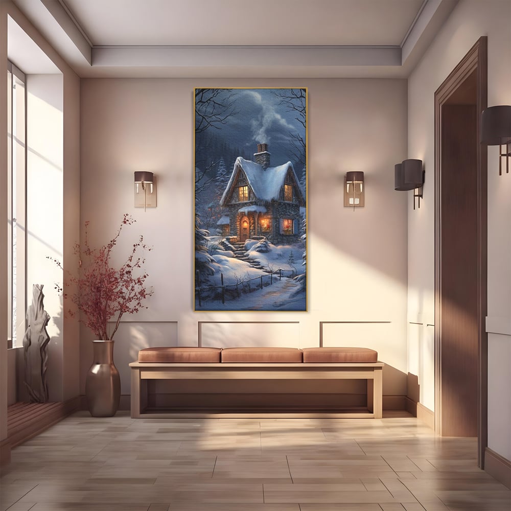 Tablou Canvas Premium, LuxCanva® D1117, Casa de Sub Zapada, Lumina, Noapte, Iarna, Cabana, Munte, Zapada, Horn, Fum, Ger, Brazi, Atmosfera, Basm, Caldura, Living, Dormitor
