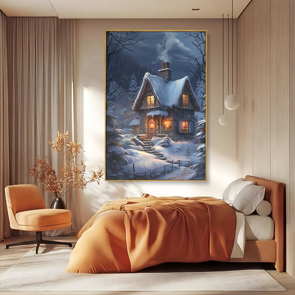 Tablou Canvas Premium, LuxCanva® D1117, Casa de Sub Zapada, Lumina, Noapte, Iarna, Cabana, Munte, Zapada, Horn, Fum, Ger, Brazi, Atmosfera, Basm, Caldura, Living, Dormitor