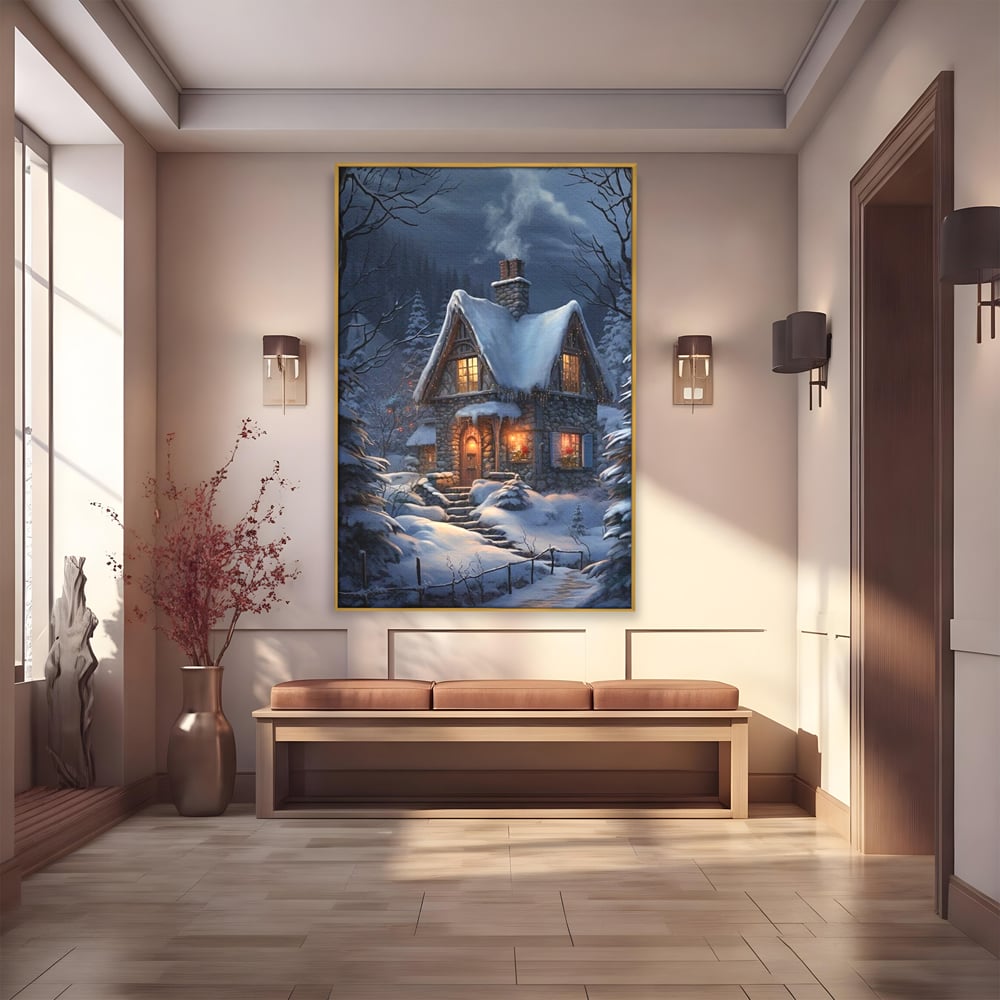 Tablou Canvas Premium, LuxCanva® D1117, Casa de Sub Zapada, Lumina, Noapte, Iarna, Cabana, Munte, Zapada, Horn, Fum, Ger, Brazi, Atmosfera, Basm, Caldura, Living, Dormitor