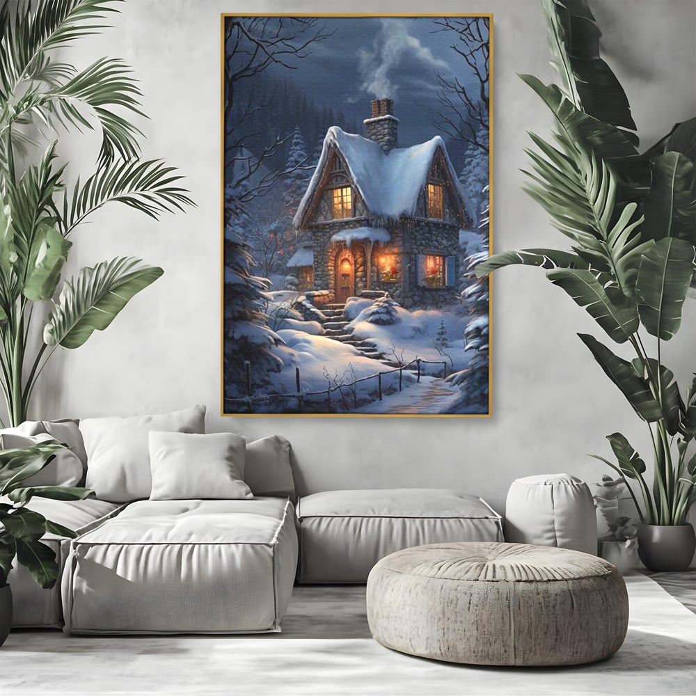 Tablou Canvas Premium, LuxCanva® D1117, Casa de Sub Zapada, Lumina, Noapte, Iarna, Cabana, Munte, Zapada, Horn, Fum, Ger, Brazi, Atmosfera, Basm, Caldura, Living, Dormitor
