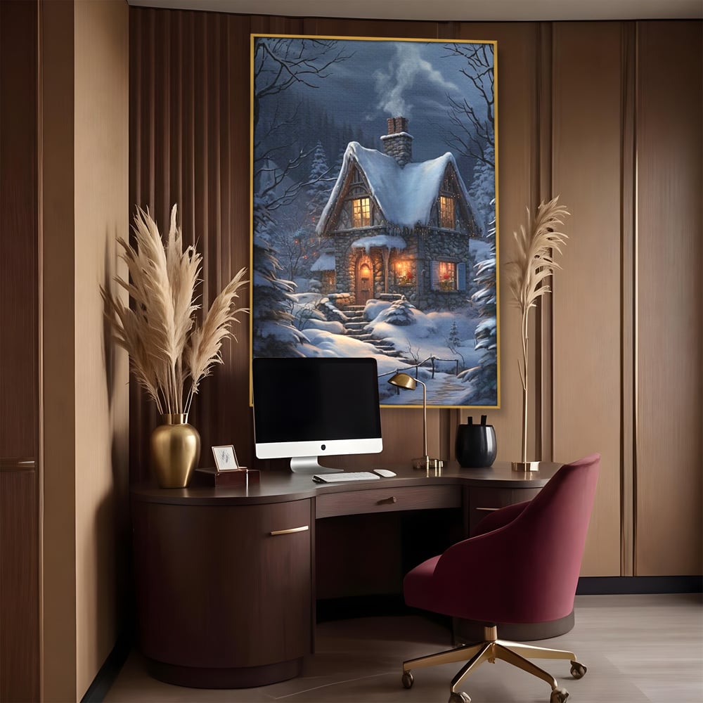 Tablou Canvas Premium, LuxCanva® D1117, Casa de Sub Zapada, Lumina, Noapte, Iarna, Cabana, Munte, Zapada, Horn, Fum, Ger, Brazi, Atmosfera, Basm, Caldura, Living, Dormitor