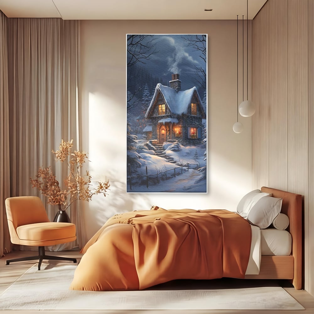 Tablou Canvas Premium, LuxCanva® D1117, Casa de Sub Zapada, Lumina, Noapte, Iarna, Cabana, Munte, Zapada, Horn, Fum, Ger, Brazi, Atmosfera, Basm, Caldura, Living, Dormitor