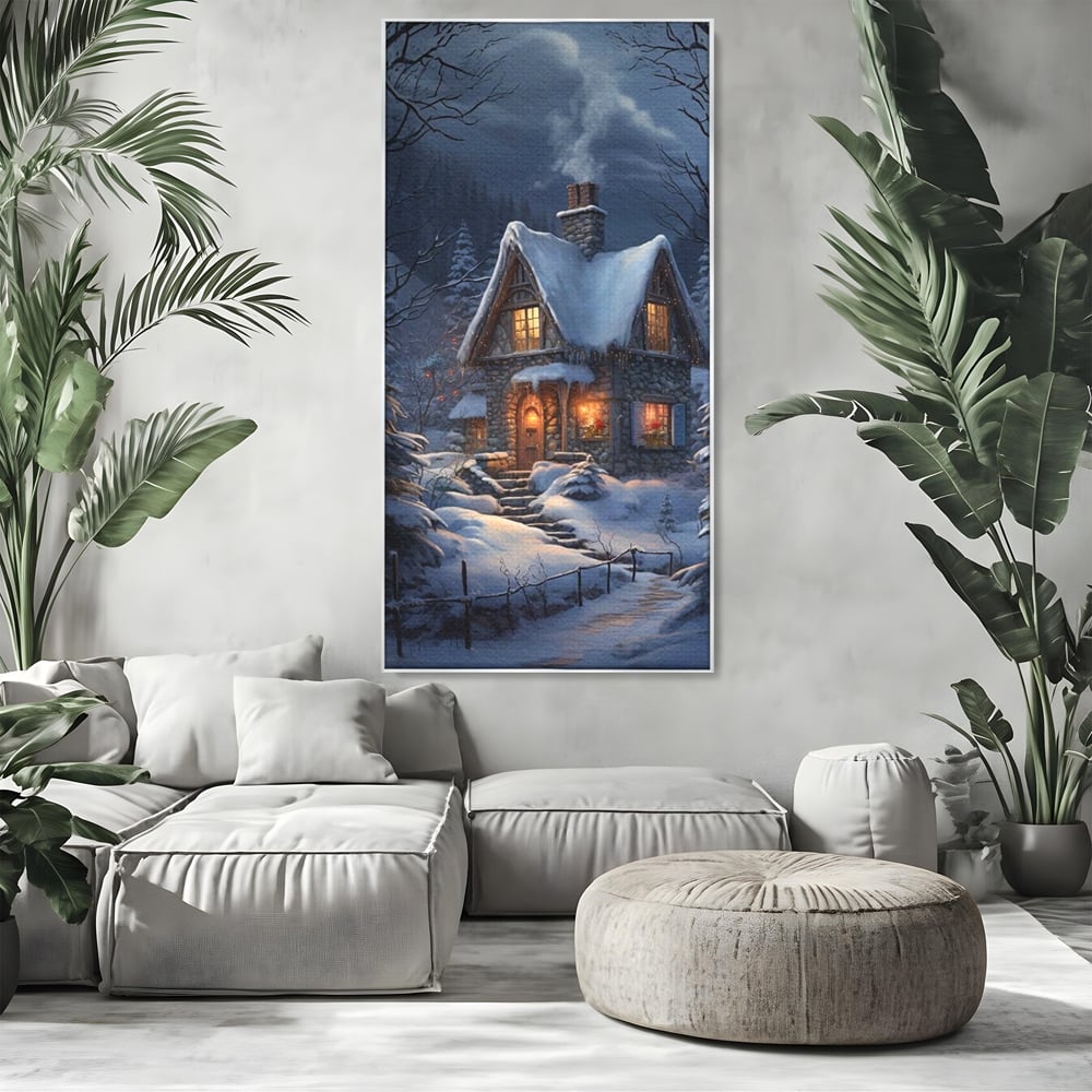 Tablou Canvas Premium, LuxCanva® D1117, Casa de Sub Zapada, Lumina, Noapte, Iarna, Cabana, Munte, Zapada, Horn, Fum, Ger, Brazi, Atmosfera, Basm, Caldura, Living, Dormitor