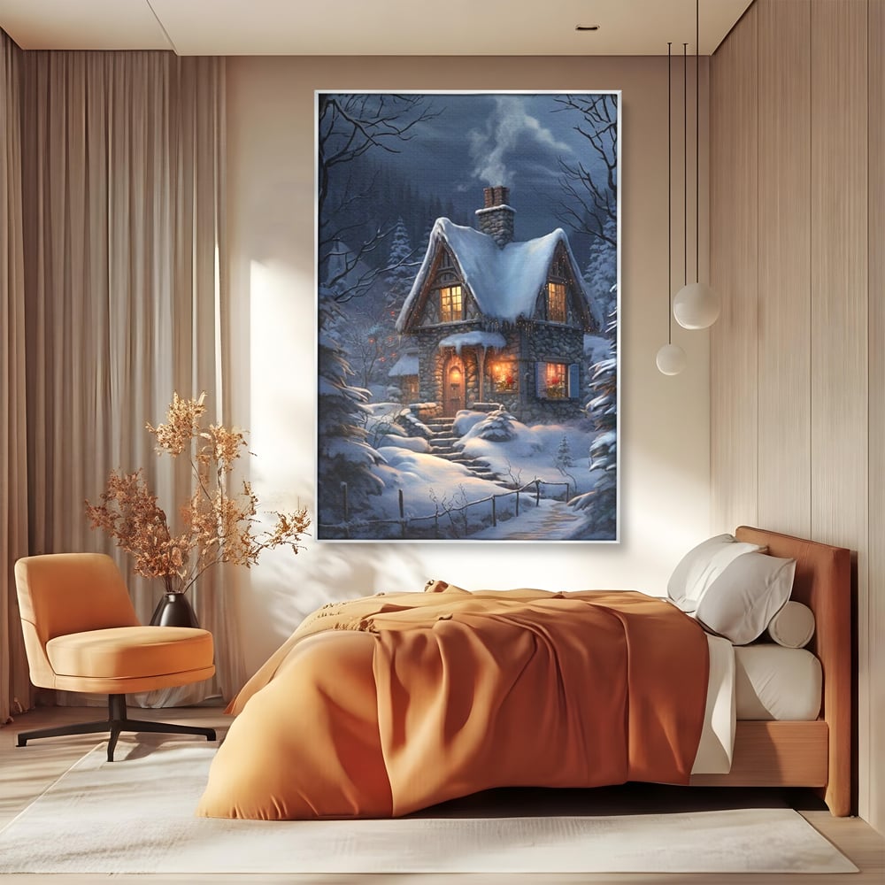 Tablou Canvas Premium, LuxCanva® D1117, Casa de Sub Zapada, Lumina, Noapte, Iarna, Cabana, Munte, Zapada, Horn, Fum, Ger, Brazi, Atmosfera, Basm, Caldura, Living, Dormitor