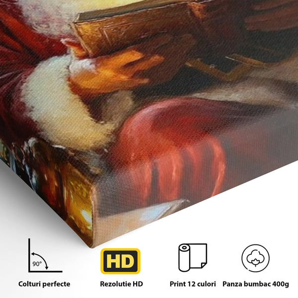 Tablou Canvas Premium, LuxCanva® D1118, Mosul si Cartea Fermecata, Carte, Povesti, Basme, Lumanare, Brad, Fotoliu, Citit, Ochelari, Mos Craciun, Felinar, Noapte, Ajun, Living, Dormitor