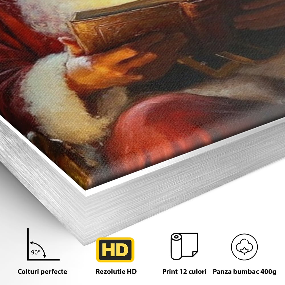 Tablou Canvas Premium, LuxCanva® D1118, Mosul si Cartea Fermecata, Carte, Povesti, Basme, Lumanare, Brad, Fotoliu, Citit, Ochelari, Mos Craciun, Felinar, Noapte, Ajun, Living, Dormitor