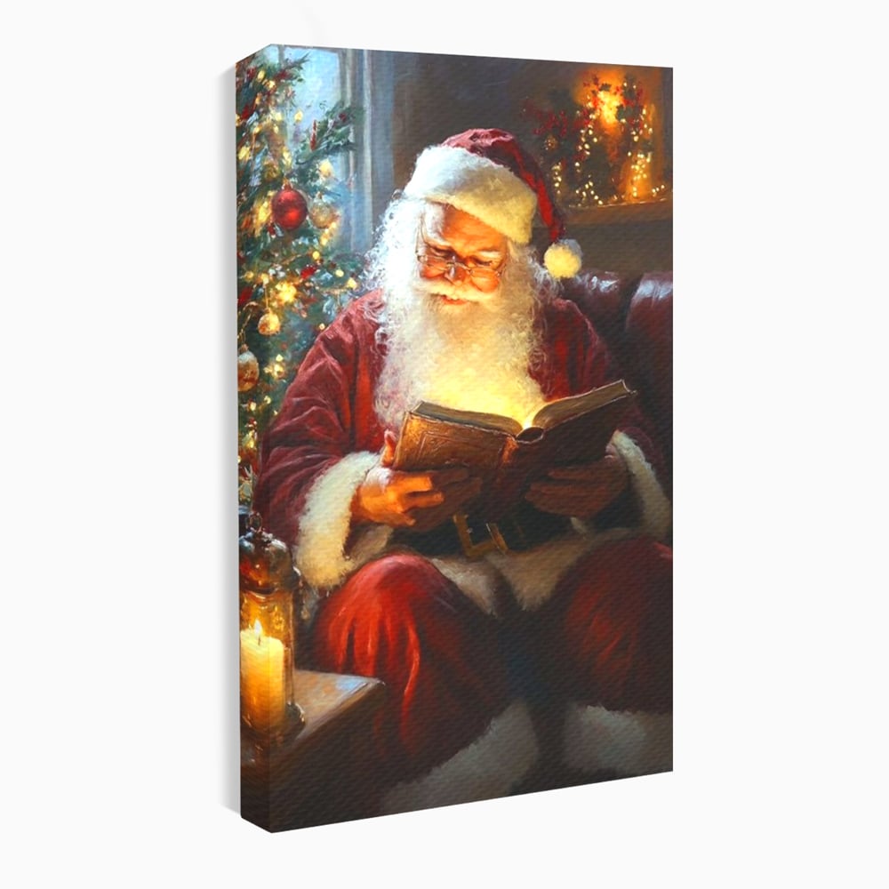 Tablou Canvas Premium, LuxCanva® D1118, Mosul si Cartea Fermecata, Carte, Povesti, Basme, Lumanare, Brad, Fotoliu, Citit, Ochelari, Mos Craciun, Felinar, Noapte, Ajun, Living, Dormitor