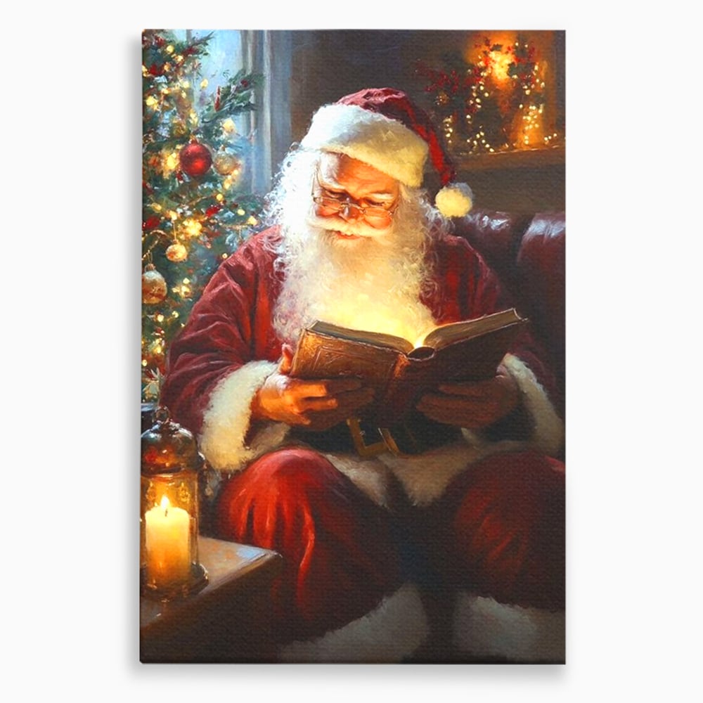Tablou Canvas Premium, LuxCanva® D1118, Mosul si Cartea Fermecata, Carte, Povesti, Basme, Lumanare, Brad, Fotoliu, Citit, Ochelari, Mos Craciun, Felinar, Noapte, Ajun, Living, Dormitor