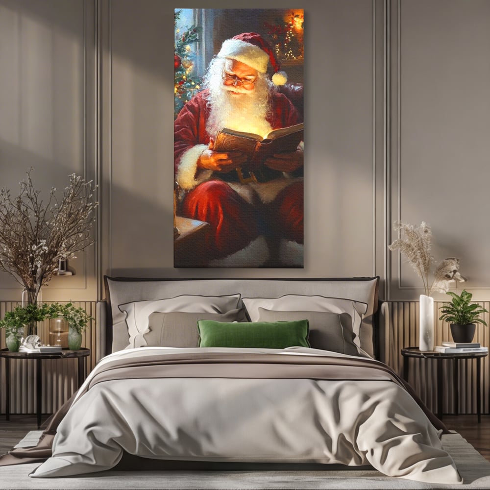 Tablou Canvas Premium, LuxCanva® D1118, Mosul si Cartea Fermecata, Carte, Povesti, Basme, Lumanare, Brad, Fotoliu, Citit, Ochelari, Mos Craciun, Felinar, Noapte, Ajun, Living, Dormitor