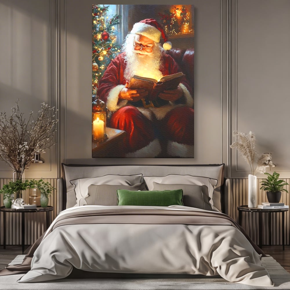 Tablou Canvas Premium, LuxCanva® D1118, Mosul si Cartea Fermecata, Carte, Povesti, Basme, Lumanare, Brad, Fotoliu, Citit, Ochelari, Mos Craciun, Felinar, Noapte, Ajun, Living, Dormitor