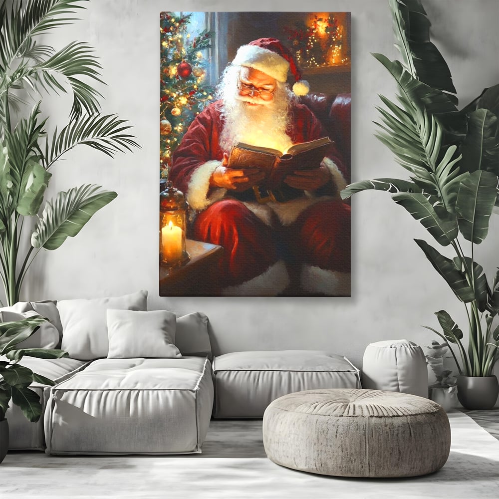 Tablou Canvas Premium, LuxCanva® D1118, Mosul si Cartea Fermecata, Carte, Povesti, Basme, Lumanare, Brad, Fotoliu, Citit, Ochelari, Mos Craciun, Felinar, Noapte, Ajun, Living, Dormitor