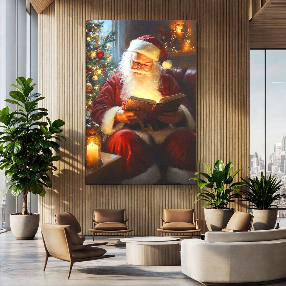 Tablou Canvas Premium, LuxCanva® D1118, Mosul si Cartea Fermecata, Carte, Povesti, Basme, Lumanare, Brad, Fotoliu, Citit, Ochelari, Mos Craciun, Felinar, Noapte, Ajun, Living, Dormitor