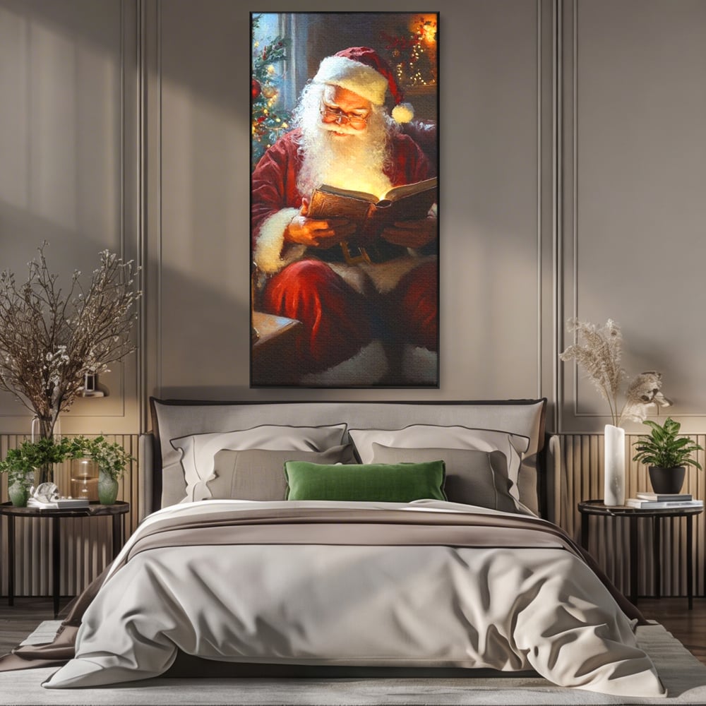 Tablou Canvas Premium, LuxCanva® D1118, Mosul si Cartea Fermecata, Carte, Povesti, Basme, Lumanare, Brad, Fotoliu, Citit, Ochelari, Mos Craciun, Felinar, Noapte, Ajun, Living, Dormitor