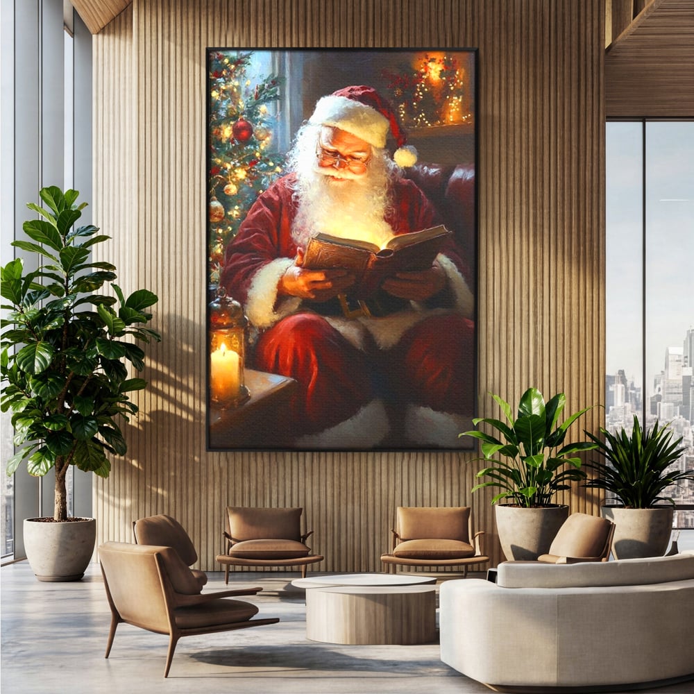 Tablou Canvas Premium, LuxCanva® D1118, Mosul si Cartea Fermecata, Carte, Povesti, Basme, Lumanare, Brad, Fotoliu, Citit, Ochelari, Mos Craciun, Felinar, Noapte, Ajun, Living, Dormitor
