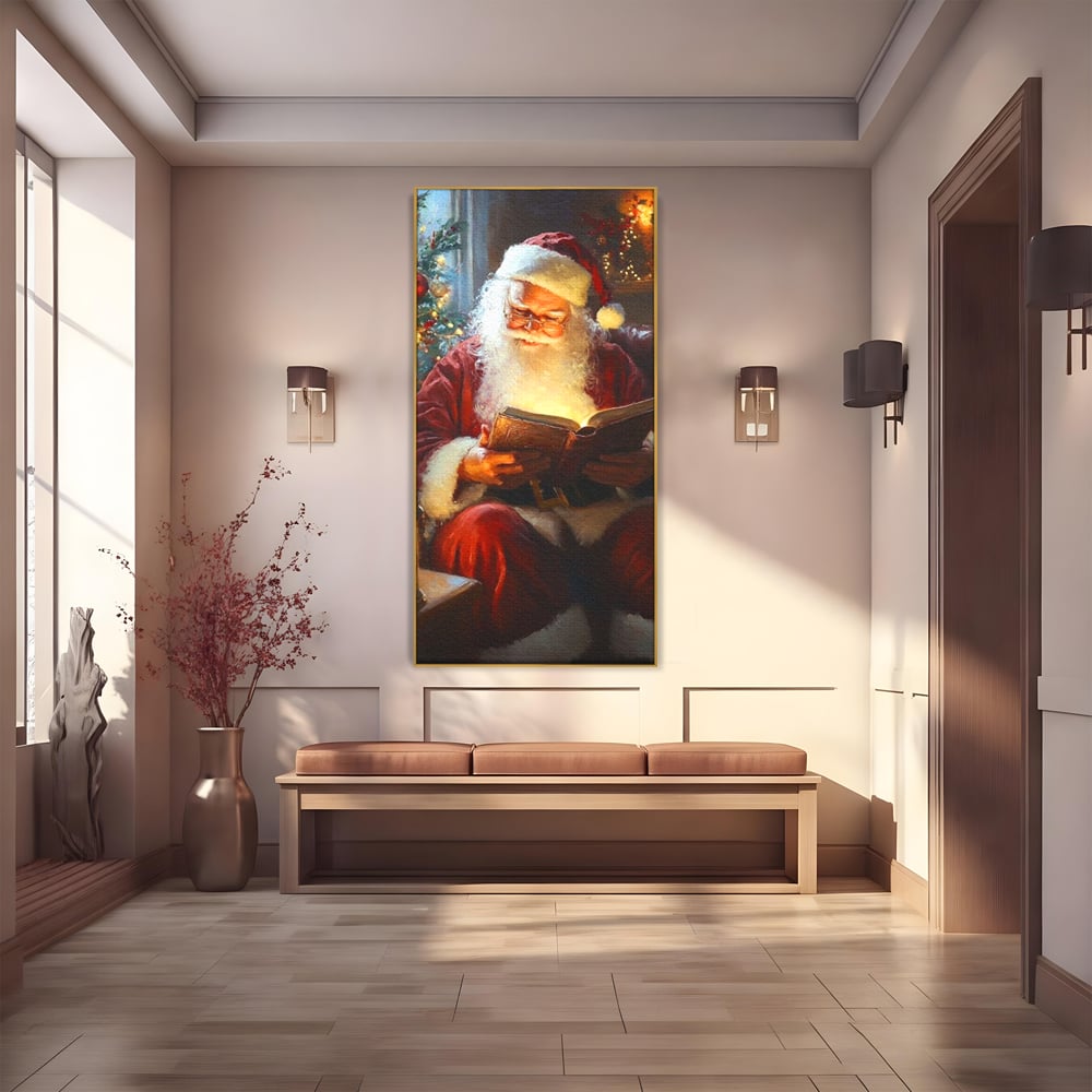Tablou Canvas Premium, LuxCanva® D1118, Mosul si Cartea Fermecata, Carte, Povesti, Basme, Lumanare, Brad, Fotoliu, Citit, Ochelari, Mos Craciun, Felinar, Noapte, Ajun, Living, Dormitor
