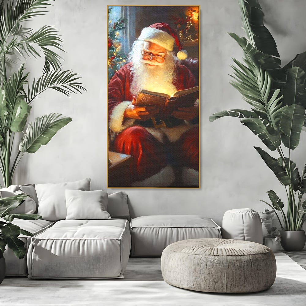 Tablou Canvas Premium, LuxCanva® D1118, Mosul si Cartea Fermecata, Carte, Povesti, Basme, Lumanare, Brad, Fotoliu, Citit, Ochelari, Mos Craciun, Felinar, Noapte, Ajun, Living, Dormitor