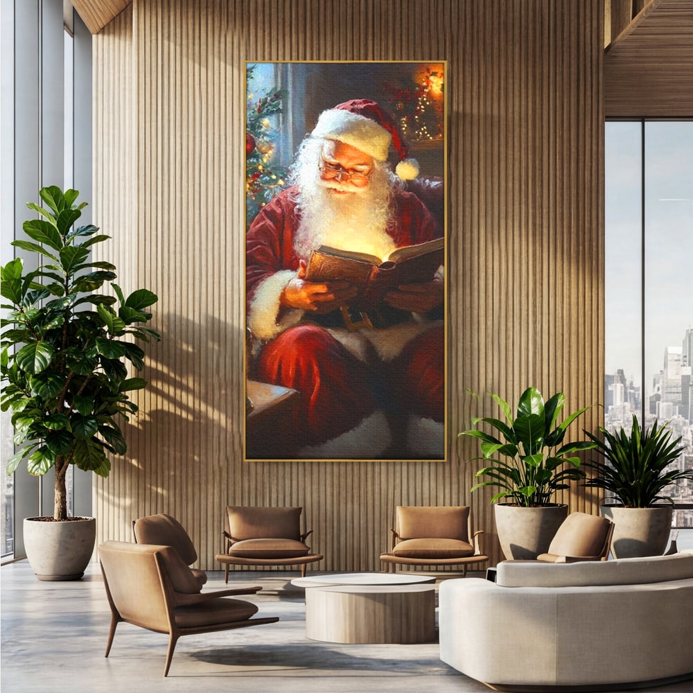 Tablou Canvas Premium, LuxCanva® D1118, Mosul si Cartea Fermecata, Carte, Povesti, Basme, Lumanare, Brad, Fotoliu, Citit, Ochelari, Mos Craciun, Felinar, Noapte, Ajun, Living, Dormitor