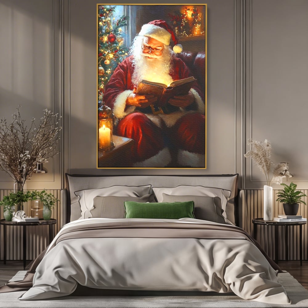 Tablou Canvas Premium, LuxCanva® D1118, Mosul si Cartea Fermecata, Carte, Povesti, Basme, Lumanare, Brad, Fotoliu, Citit, Ochelari, Mos Craciun, Felinar, Noapte, Ajun, Living, Dormitor