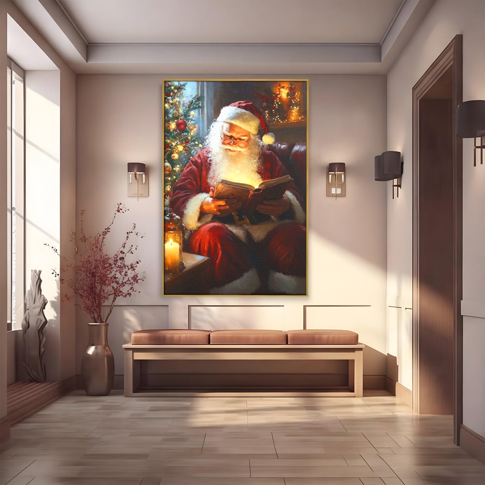 Tablou Canvas Premium, LuxCanva® D1118, Mosul si Cartea Fermecata, Carte, Povesti, Basme, Lumanare, Brad, Fotoliu, Citit, Ochelari, Mos Craciun, Felinar, Noapte, Ajun, Living, Dormitor