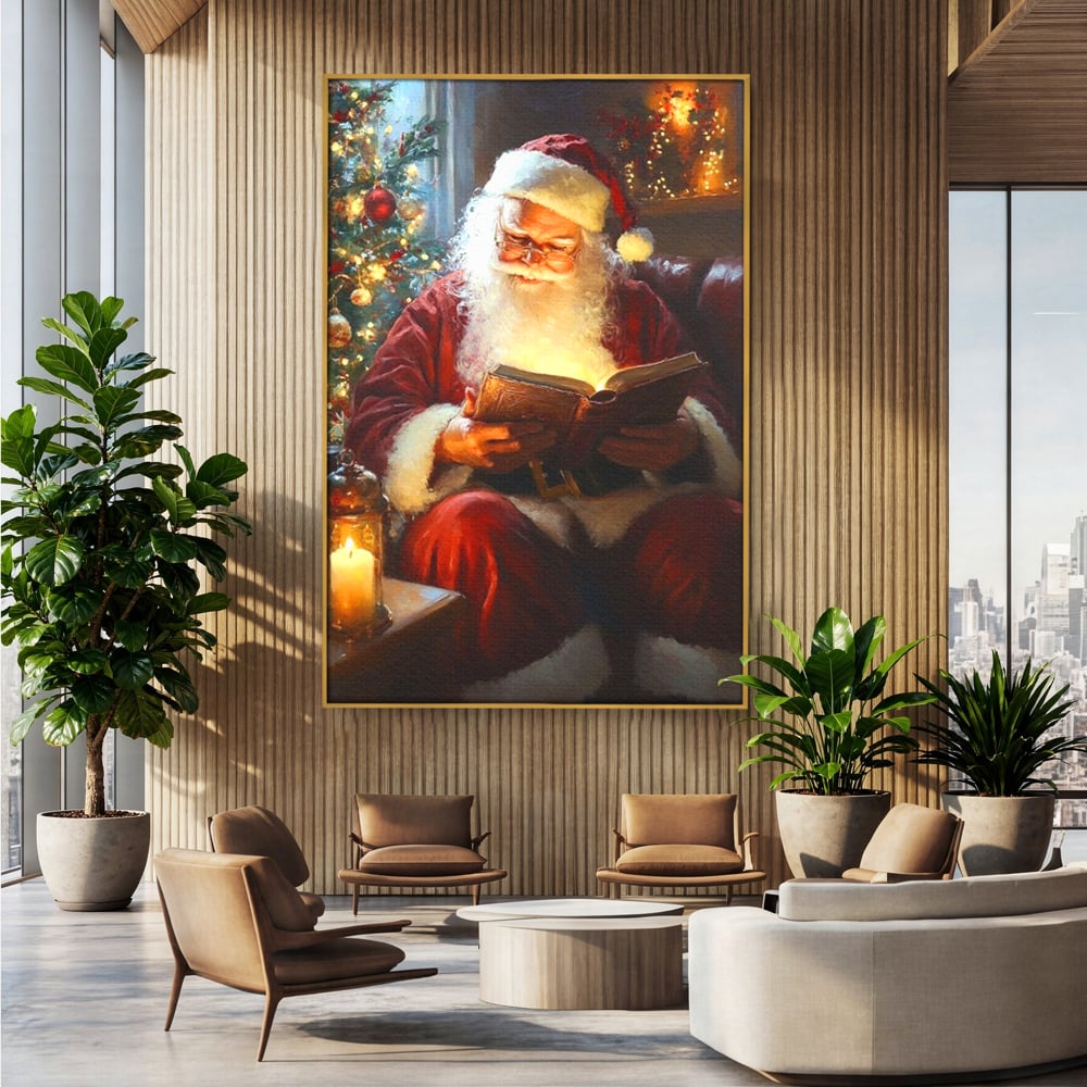 Tablou Canvas Premium, LuxCanva® D1118, Mosul si Cartea Fermecata, Carte, Povesti, Basme, Lumanare, Brad, Fotoliu, Citit, Ochelari, Mos Craciun, Felinar, Noapte, Ajun, Living, Dormitor