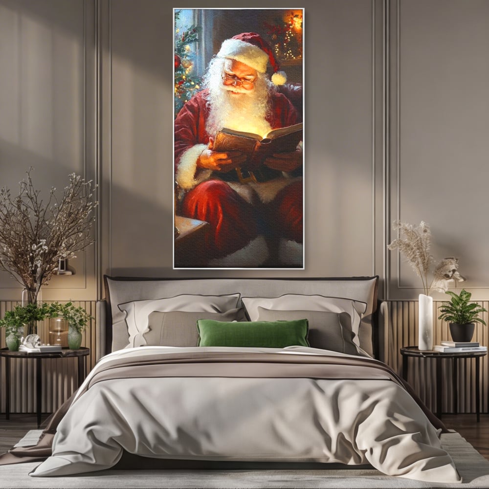Tablou Canvas Premium, LuxCanva® D1118, Mosul si Cartea Fermecata, Carte, Povesti, Basme, Lumanare, Brad, Fotoliu, Citit, Ochelari, Mos Craciun, Felinar, Noapte, Ajun, Living, Dormitor