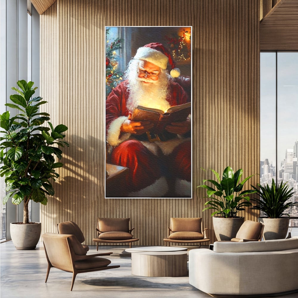 Tablou Canvas Premium, LuxCanva® D1118, Mosul si Cartea Fermecata, Carte, Povesti, Basme, Lumanare, Brad, Fotoliu, Citit, Ochelari, Mos Craciun, Felinar, Noapte, Ajun, Living, Dormitor