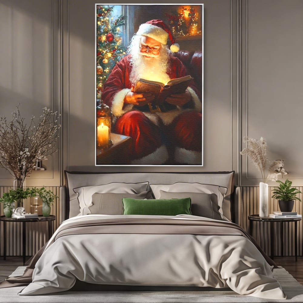 Tablou Canvas Premium, LuxCanva® D1118, Mosul si Cartea Fermecata, Carte, Povesti, Basme, Lumanare, Brad, Fotoliu, Citit, Ochelari, Mos Craciun, Felinar, Noapte, Ajun, Living, Dormitor