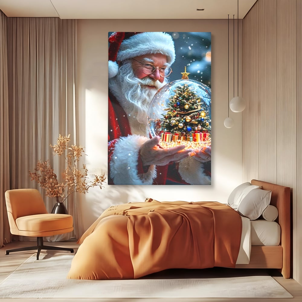 Canvas Wall Art Premium, LuxCanva® D1119, Wunder der Palme, Traum, großzügig, Globus, Kristall, Geheimnis, Geschenk, Magie, Kugel, Kugel, Hand, Geschenk, Weihnachtsmann, Wohnen, Schlafzimmer