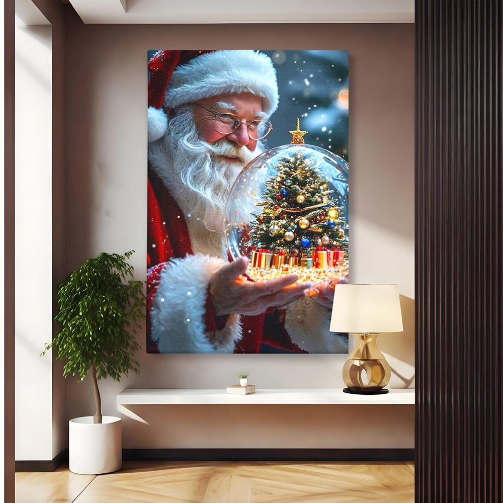 Canvas Wall Art Premium, LuxCanva® D1119, Wunder der Palme, Traum, großzügig, Globus, Kristall, Geheimnis, Geschenk, Magie, Kugel, Kugel, Hand, Geschenk, Weihnachtsmann, Wohnen, Schlafzimmer