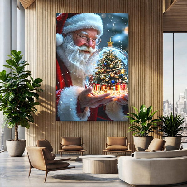 Canvas Wall Art Premium, LuxCanva® D1119, Wunder der Palme, Traum, großzügig, Globus, Kristall, Geheimnis, Geschenk, Magie, Kugel, Kugel, Hand, Geschenk, Weihnachtsmann, Wohnen, Schlafzimmer