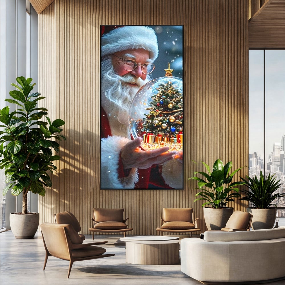 Canvas Wall Art Premium, LuxCanva® D1119, Wunder der Palme, Traum, großzügig, Globus, Kristall, Geheimnis, Geschenk, Magie, Kugel, Kugel, Hand, Geschenk, Weihnachtsmann, Wohnen, Schlafzimmer