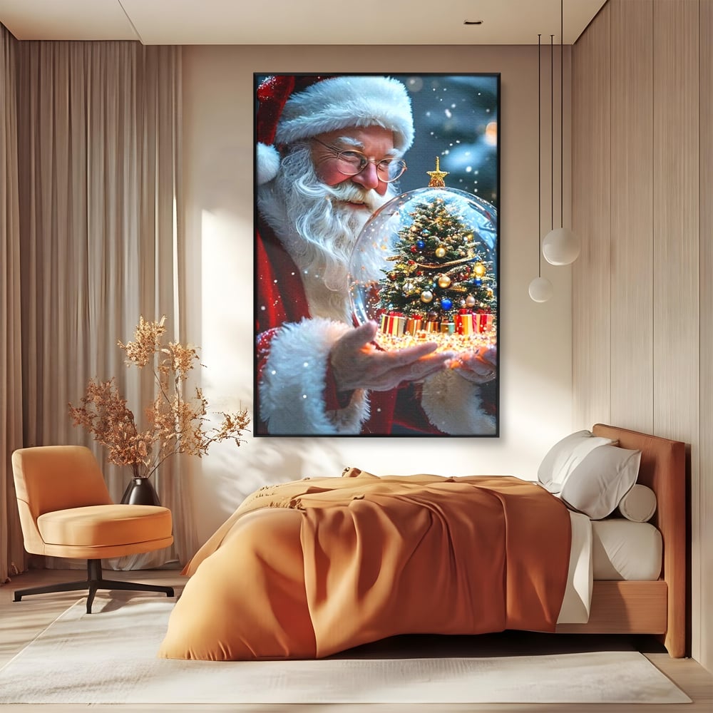 Canvas Wall Art Premium, LuxCanva® D1119, Wunder der Palme, Traum, großzügig, Globus, Kristall, Geheimnis, Geschenk, Magie, Kugel, Kugel, Hand, Geschenk, Weihnachtsmann, Wohnen, Schlafzimmer