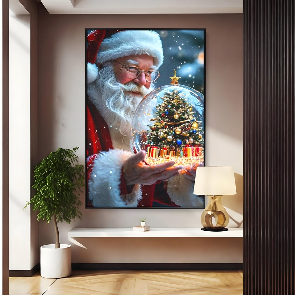 Canvas Wall Art Premium, LuxCanva® D1119, Wunder der Palme, Traum, großzügig, Globus, Kristall, Geheimnis, Geschenk, Magie, Kugel, Kugel, Hand, Geschenk, Weihnachtsmann, Wohnen, Schlafzimmer