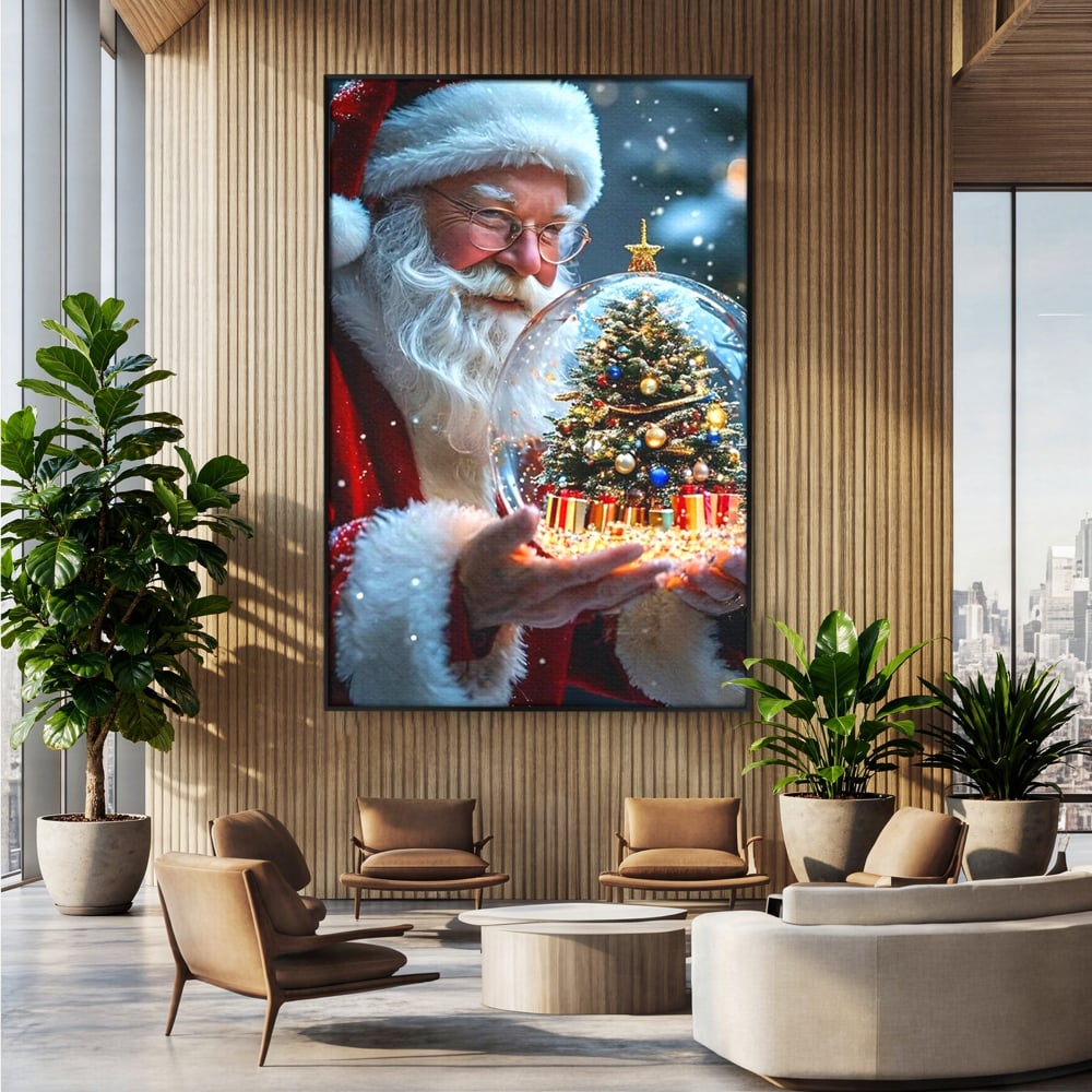Canvas Wall Art Premium, LuxCanva® D1119, Wunder der Palme, Traum, großzügig, Globus, Kristall, Geheimnis, Geschenk, Magie, Kugel, Kugel, Hand, Geschenk, Weihnachtsmann, Wohnen, Schlafzimmer