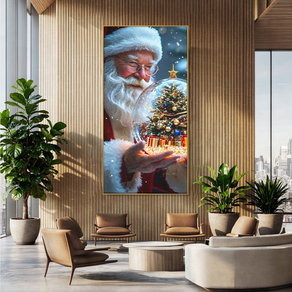 Canvas Wall Art Premium, LuxCanva® D1119, Wunder der Palme, Traum, großzügig, Globus, Kristall, Geheimnis, Geschenk, Magie, Kugel, Kugel, Hand, Geschenk, Weihnachtsmann, Wohnen, Schlafzimmer