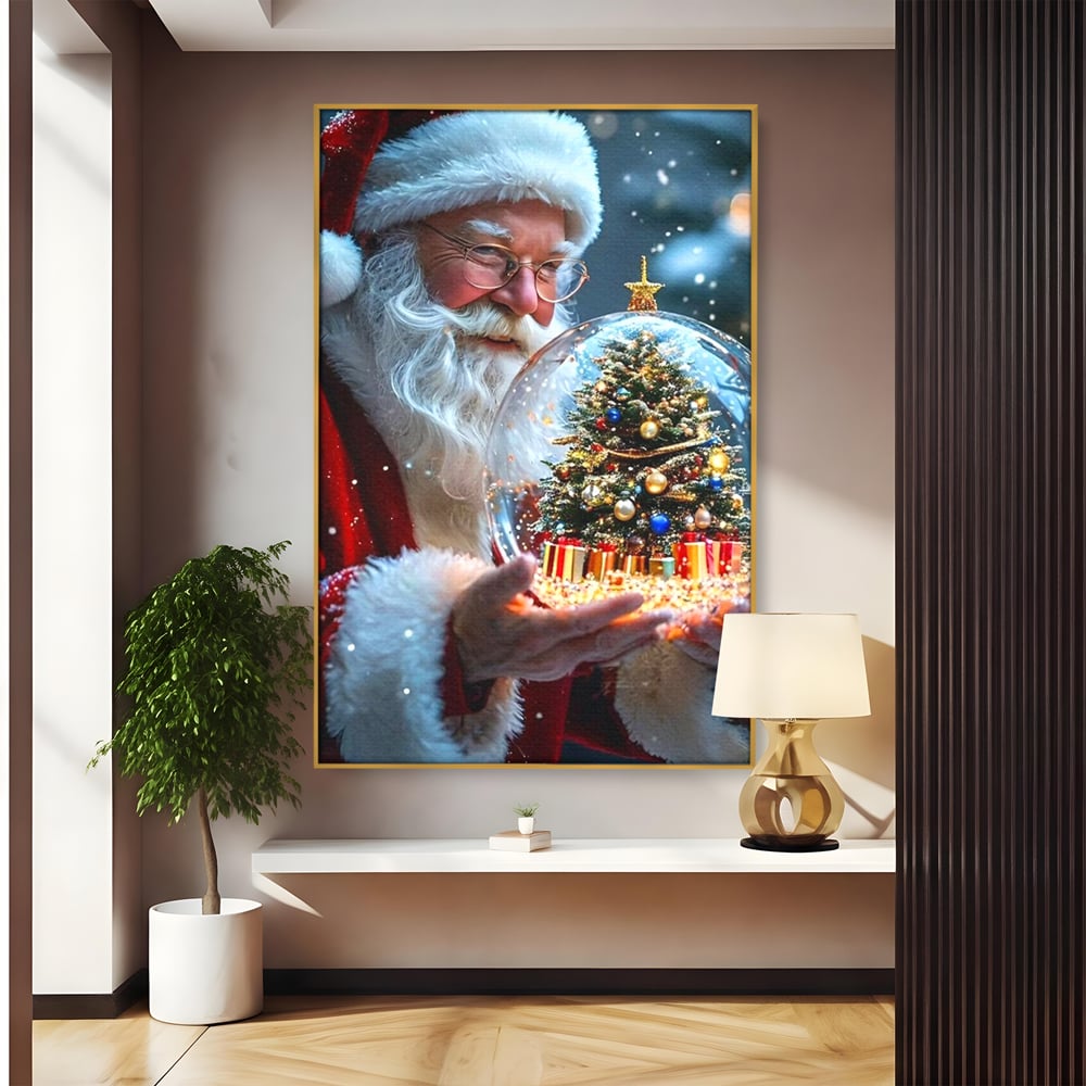Canvas Wall Art Premium, LuxCanva® D1119, Wunder der Palme, Traum, großzügig, Globus, Kristall, Geheimnis, Geschenk, Magie, Kugel, Kugel, Hand, Geschenk, Weihnachtsmann, Wohnen, Schlafzimmer