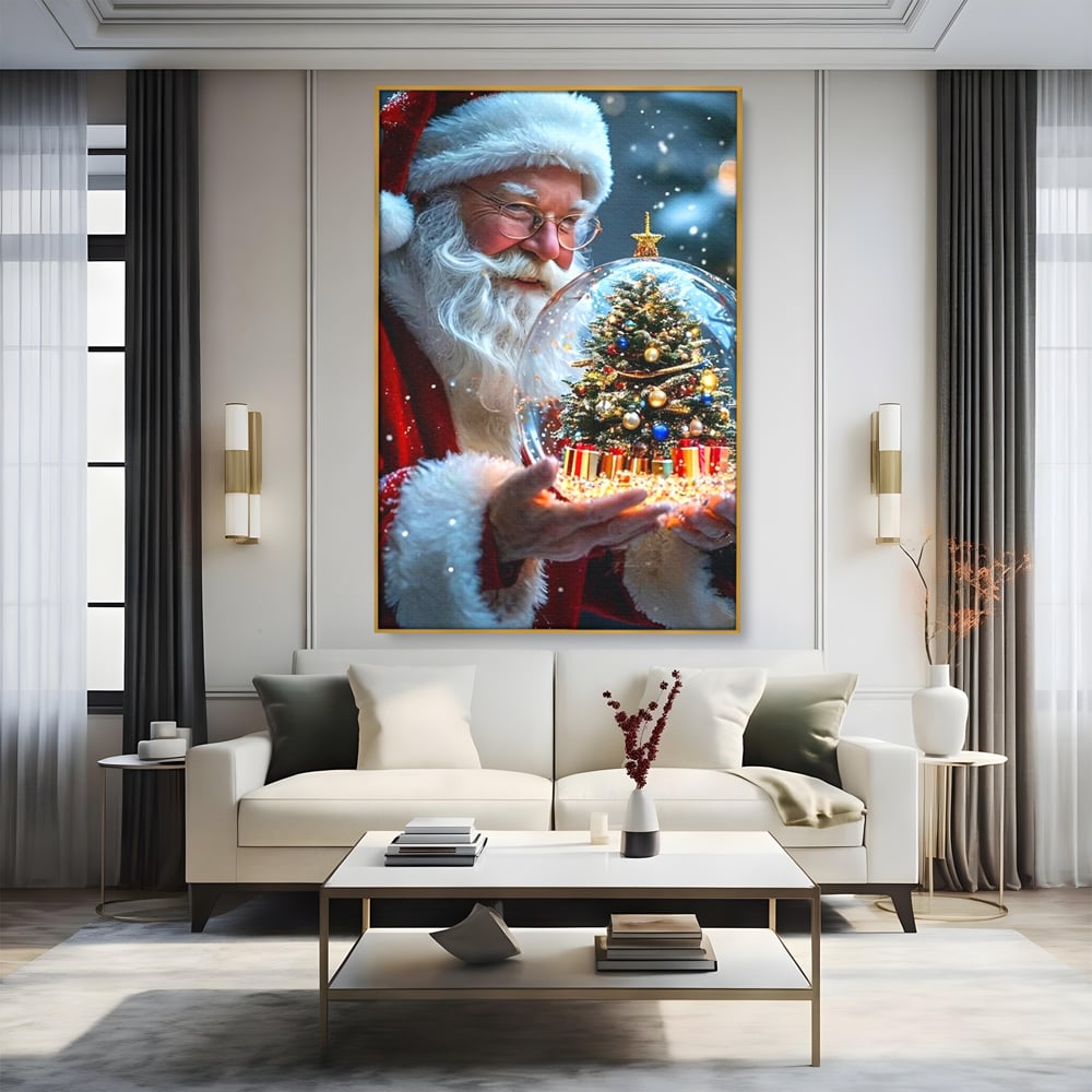 Canvas Wall Art Premium, LuxCanva® D1119, Wunder der Palme, Traum, großzügig, Globus, Kristall, Geheimnis, Geschenk, Magie, Kugel, Kugel, Hand, Geschenk, Weihnachtsmann, Wohnen, Schlafzimmer