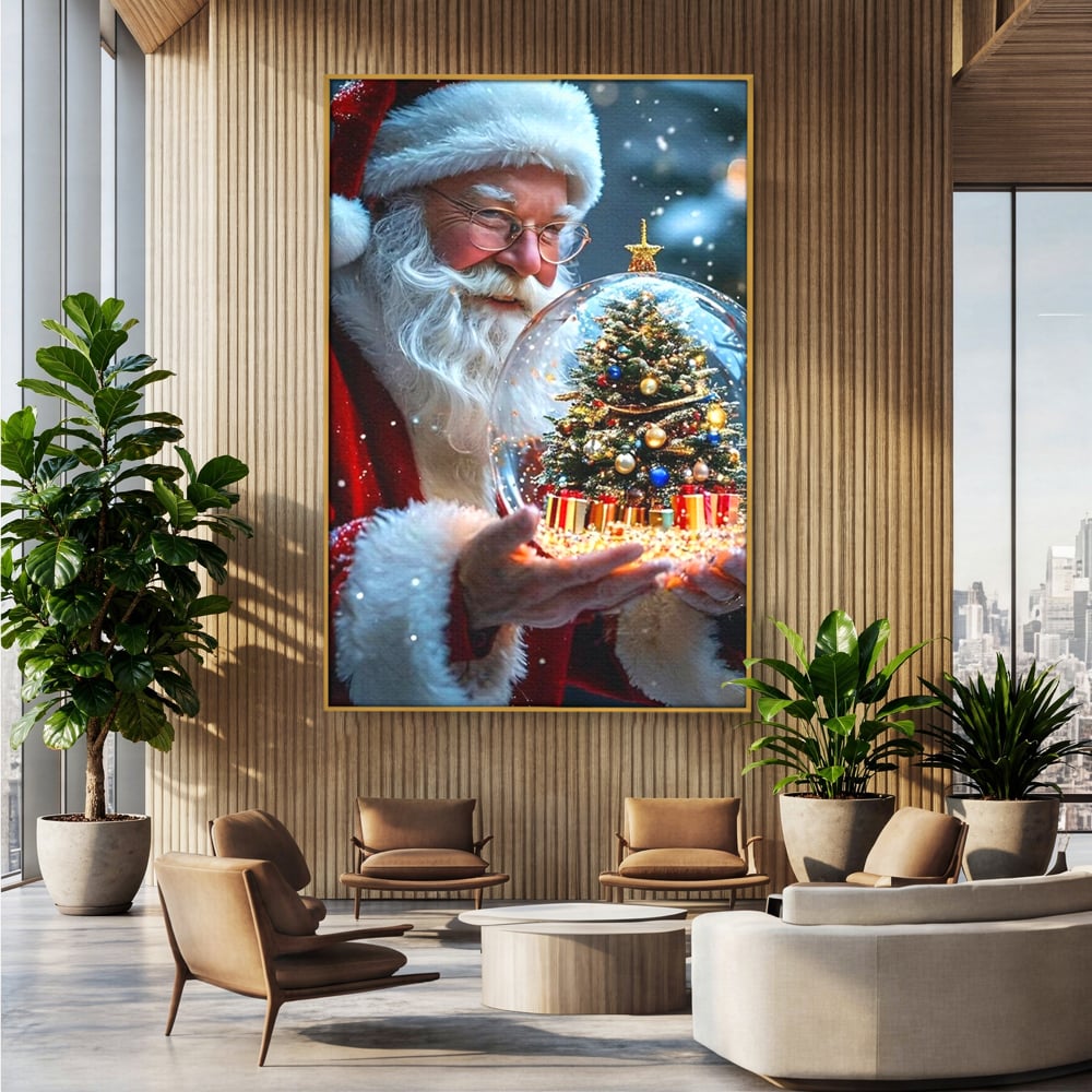 Canvas Wall Art Premium, LuxCanva® D1119, Wunder der Palme, Traum, großzügig, Globus, Kristall, Geheimnis, Geschenk, Magie, Kugel, Kugel, Hand, Geschenk, Weihnachtsmann, Wohnen, Schlafzimmer