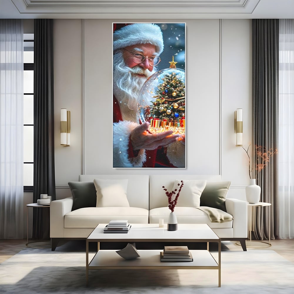 Canvas Wall Art Premium, LuxCanva® D1119, Wunder der Palme, Traum, großzügig, Globus, Kristall, Geheimnis, Geschenk, Magie, Kugel, Kugel, Hand, Geschenk, Weihnachtsmann, Wohnen, Schlafzimmer