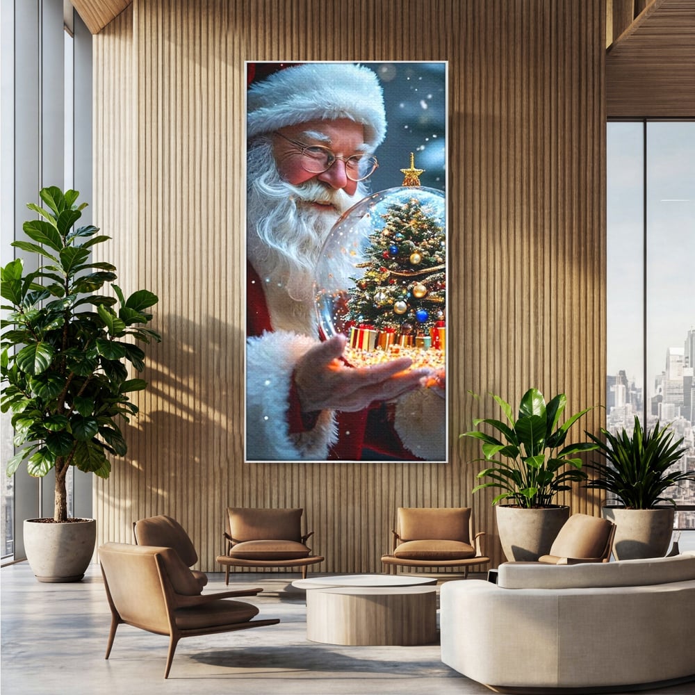 Canvas Wall Art Premium, LuxCanva® D1119, Wunder der Palme, Traum, großzügig, Globus, Kristall, Geheimnis, Geschenk, Magie, Kugel, Kugel, Hand, Geschenk, Weihnachtsmann, Wohnen, Schlafzimmer